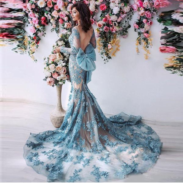 

gorgeous arabia mermaid prom dresses charming backless bow long sleeves evening dress full lace applique beaded tulle celebrity evening gown, Black;red