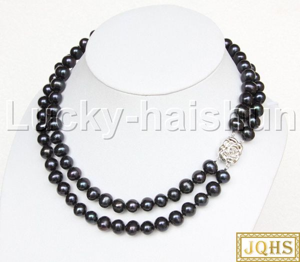 

jqhs luster 17" 2row 10mm round black freshwater pearls necklace 18kgp clasp j12493 necklaces, Silver