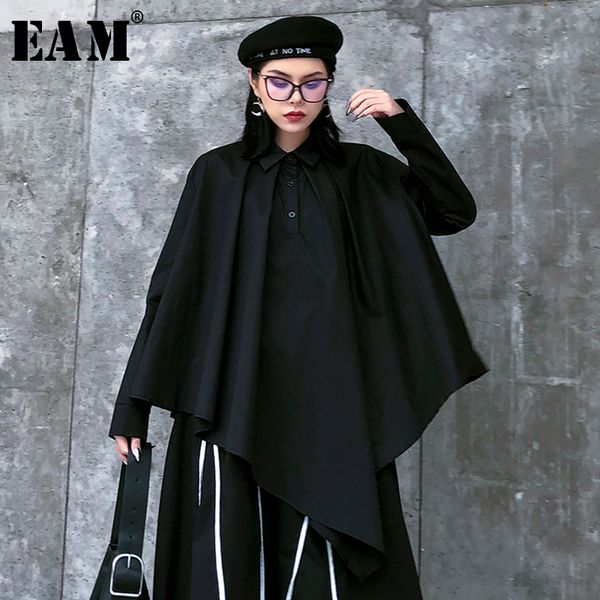 

eam] women black asymmetrical big size blouse new lapel long sleeve loose fit shirt fashion tide spring autumn 2020 1r488, White