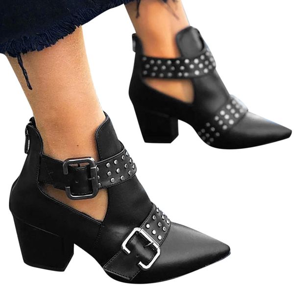 

vintage hollow out martins boots for woman fashion rivet buckle strap ankle boots platform square heel red leather women, Black