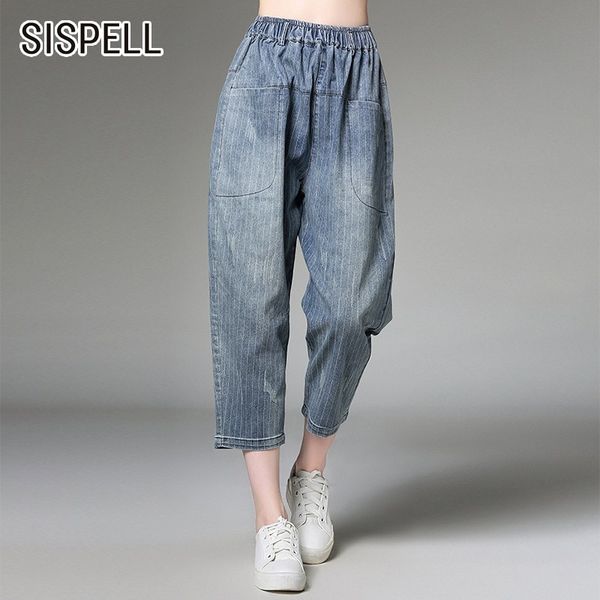 

sispell summer casual blue striped harem jeans for women high waist pockets loose calf-length jean pants female fashion new 2019