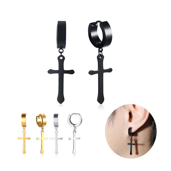 

men's punk rock dangling cross huggie hinged earrings for men stainless steel cuff circle round crucifix earing male jewelry, Silver