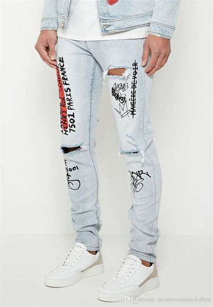 

luxury mens hole jeans designer printed washed slim long pants fashion mens zipper solid color jeans, Blue
