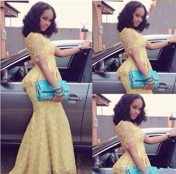 

2019 new african fashion vestido longo o neck short sleeve mermaid floor length prom gown yellow lace elegant nigeria style dresses 1105, Black