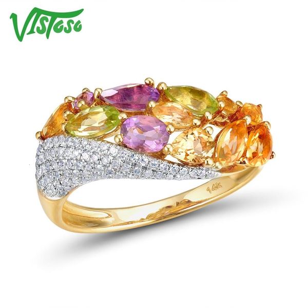 

vistoso genuine 14k 585 yellow gold sparkling diamond fancy citrine amethyst peridot lady ring anniversary chic fine jewelry cj191203, Slivery;golden