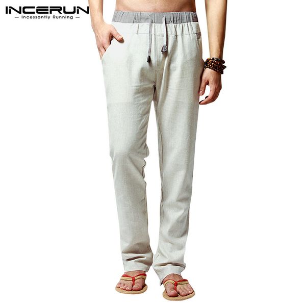 

incerun autumn men solid cotton casual pants fashion drawstring trouser jogger mens joker baggy street stretch elastic sweatpant, Black