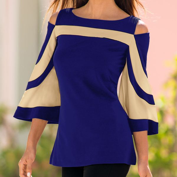 

summer blouse shirts 3/4 flare sleeve o-neck off shoulder striped women mujer feminina office ladies casual chiffon blouse, White