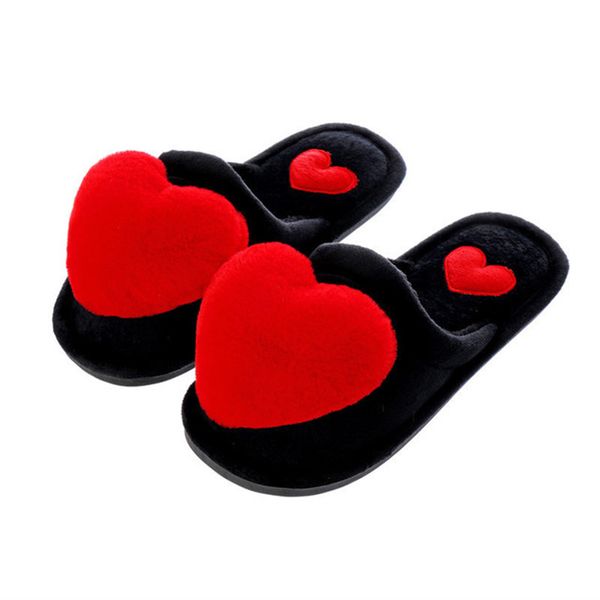 

new autumn/winter 2019 flat cotton slippers for ladies.fashion heart-shaped .plush cotton slippers for warm and non-slip floors, Black