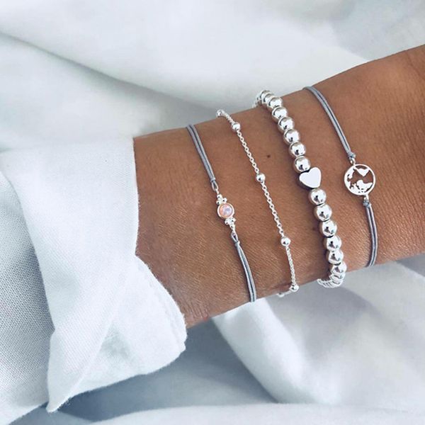 

exquisite hollow map heart bead gem chain leather woven silver bracelet set women personality girl gift 4 pcs/ set, Golden;silver