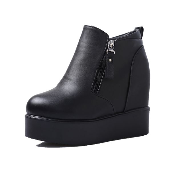 

women's ankle boots 2019 winter leather short plush warm boots for woman platform shoes ladies hidden heel ankle boot shoes, Black