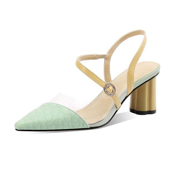 

genuine leather women sandals middle chunky heels female fish scales pointed toes transparent pumps ankle shoes zapatos mujer, Black