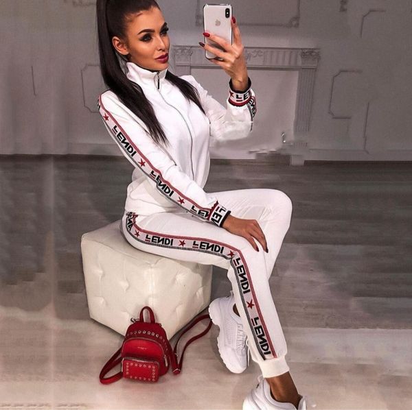 

women designer fashion tracksuits 2019 brand letter printing suits two piece pants womens luxury slim tracksuits, White