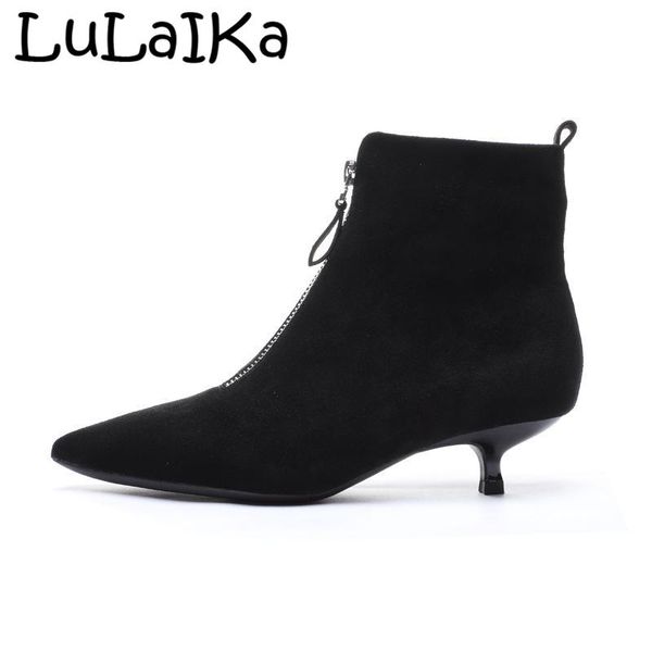 

lulaika new fashionable front zipper short boots 2020 autumn winter women's luxury design suede pointed toe boots, Black