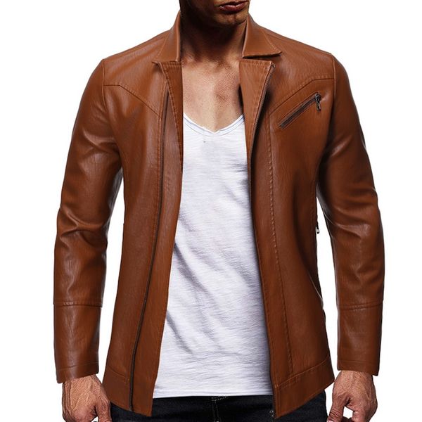 

oeak men's casual stand collar zipper closure leather motorcycle jacket mens leather color large size fashion jacket, Black;brown