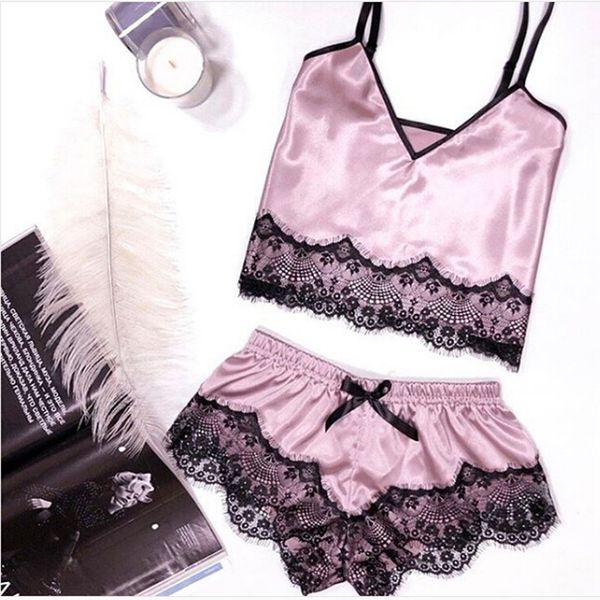 

women's sleepwear qweek silk pyjamas women satin pajamas set pigiama raso satin summer 2019 lingerie pijama mujer 2 pieces sets short p, Black;red