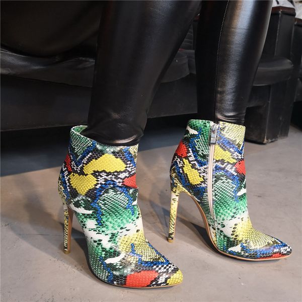 

kolnoo handmade realps ladies high heel boots snake-print leather ankle booties pointed toe fashion autumn winter bfcm boots shoes d279, Black