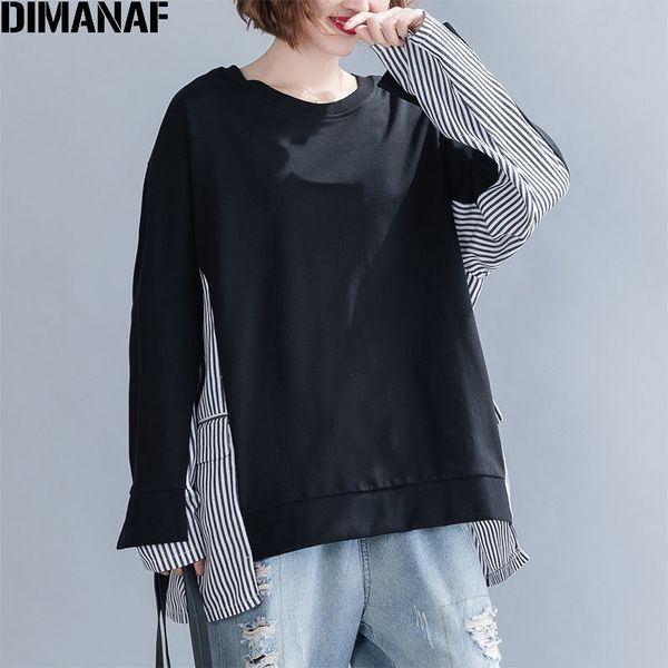 

dimanaf plus size women hoodies sweatshirts winter autumn patchwork striped print pockets female pullovers loose casual new, Black