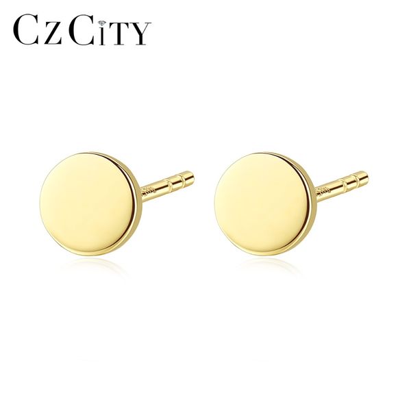 

czcity authentic 14k gold cute round stud earrings for women simple daily wearing 14k yellow gold earrings jewelry carving au585, Golden;silver