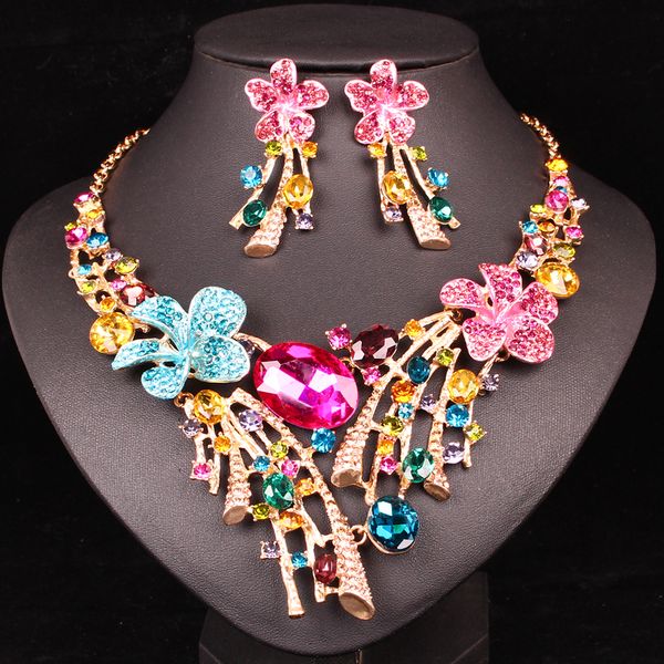 

new luxury indian big flowers jewelry sets wedding necklace earrings sets crystal party costume jewellery gifts for women, Silver
