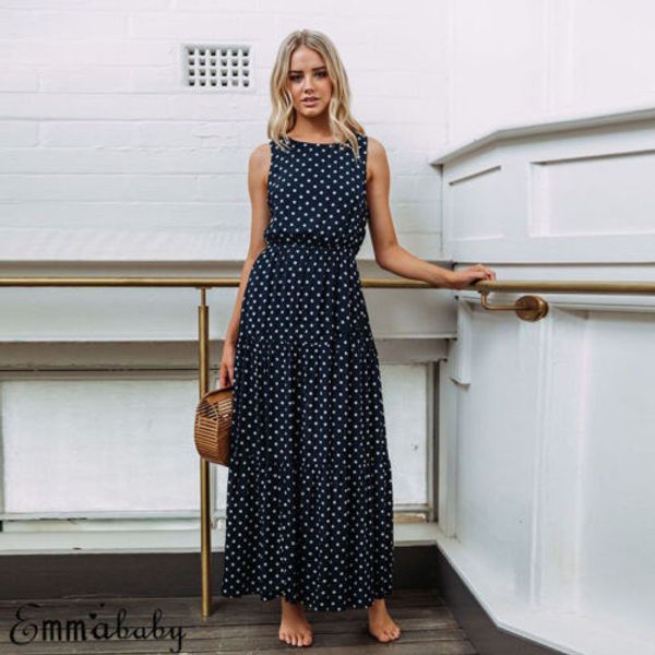 

fashion women maxi dress summer beach sleeveless polka dot round neck holiday dresses sundress, Black;gray