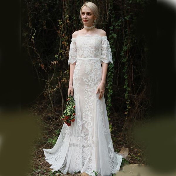 

mermaid wedding dress boho 2020 exquisite lace off the shoulder half sleeves elegant bride gowns wedding dress vestido de noiva, White