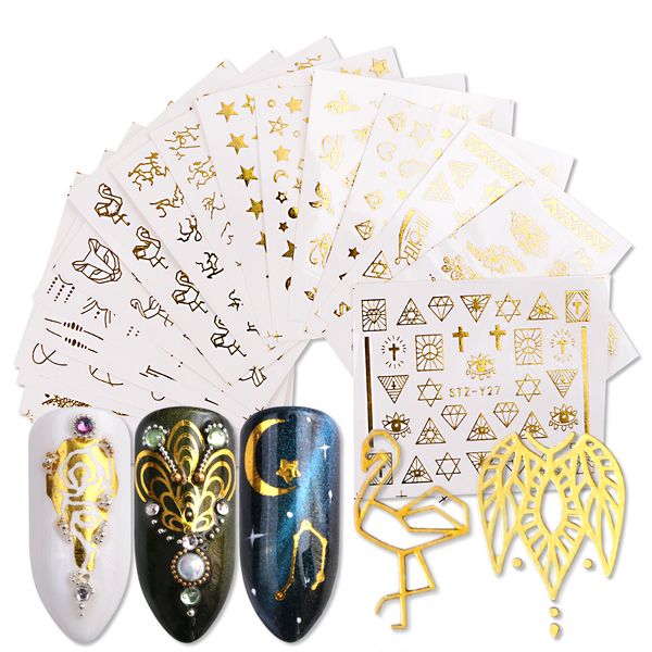 

20pcs water decals gold stickers nails galaxy stars flower vine geometry animal tiger flamingo watermark adhesive sliders beyy20, Black