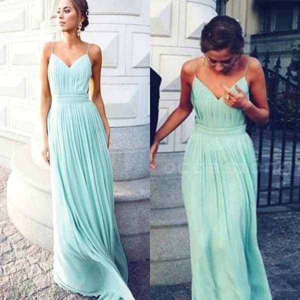 

Sage Green Flow Chiffon Bridesmaid Dresses Spaghetti Straps A Line Full Length Ruffles Plus Size Maid Of Honor Party Prom Gowns