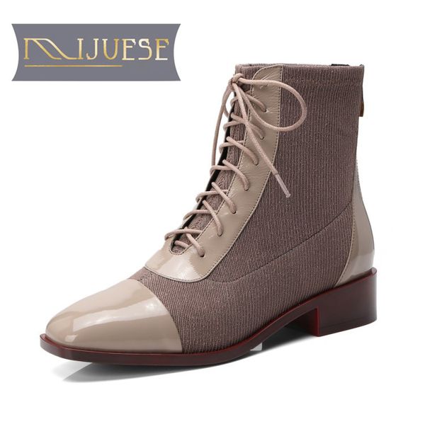 

mljuese 2019 women mid calf boots cow leather lace up wine red color low heels women boots casual size 34-40, Black