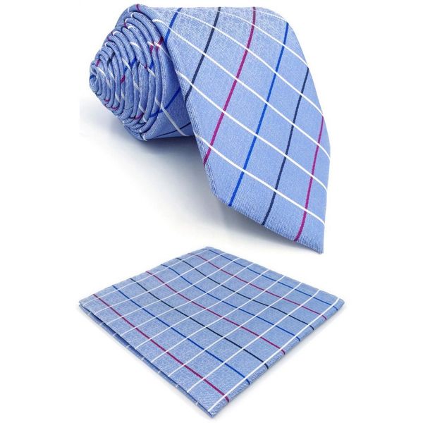 

azure checkes silk mens necktie dress designer fashion groom x-long accessory pocket square, Blue;purple