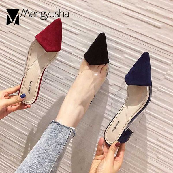 

patchwork transparent band pointed toe slingback women sandals thick med heels shoes woman mules slip on clear sandalias 2020, Black