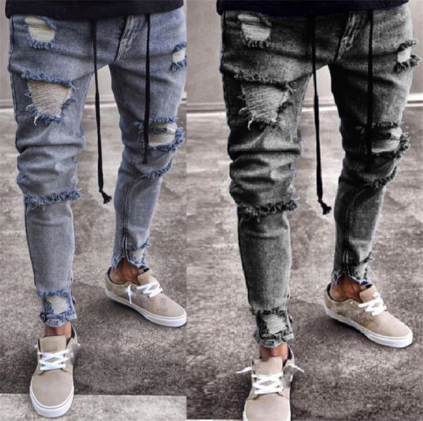 

мужские дизайнерские джинсы модные рваные молния fly mid waist узкие джинсы скинни мужские уличные брюки, Blue