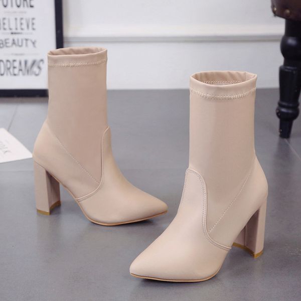 

fashion ankle elastic sock boots chunky high heels stretch women autumn booties pointed toe women pump size, Black