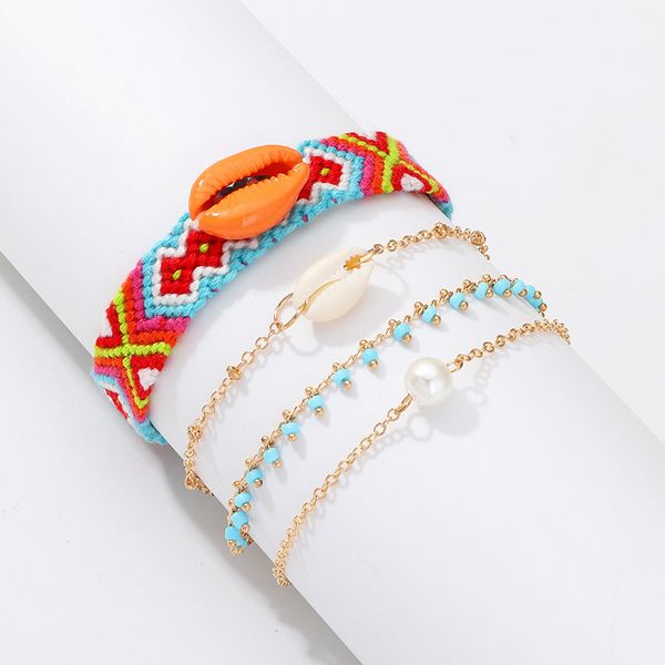 

4pcs/set imitation pearl natural shell weave rope hand chain bohemian charm bracelets for women 2019 fashion jewelry new arrival, Golden;silver