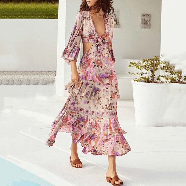 

runway dresses women casual back hollow out maxi dress designer runway dresses womprinted deep v-neck back hollow out spring women clothing, Black