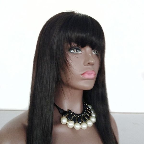 

20 inch #1b color silk straight full lace wig with bangs, medium density brazilian hair lace front wigs with blunt bangs in stock, Black;brown