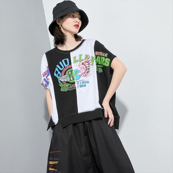 

2020 t-shirt pullover summer clothes stitching round collar t-shirt large size fashion brand female pullover short sleeve 201129, White