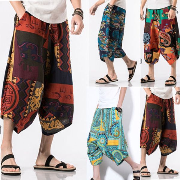 

2018 new harem pants trousers baggy pants men casual cotton hippie boho loose pant wide leg hippie floral harem pant size 36-48, Black