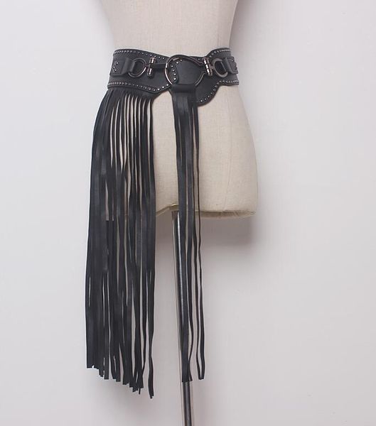 

women's runway fashion pu leather tassel cummerbunds female dress coat corsets waistband belts decoration wide belt r1737, Black;brown