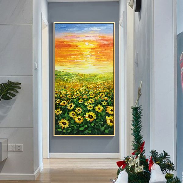 

Fanfen Sunflower Pure Hand-Painted Oil Painting Simple Vertical Porch Decorative Painting Famous Painting Nordic Style Corridor Corridor