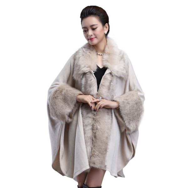 

women furry cape knit wrap scarf shawl cape coat with luxury faux fur collar sweater plus size fashion 2019, Black