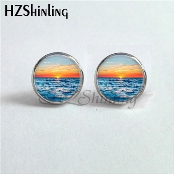 

trendy beach jewelry sunset stud earrings handmade nautical ocean sunset dolphin earring round glass dome jewelry hz4 ed-002, Golden;silver
