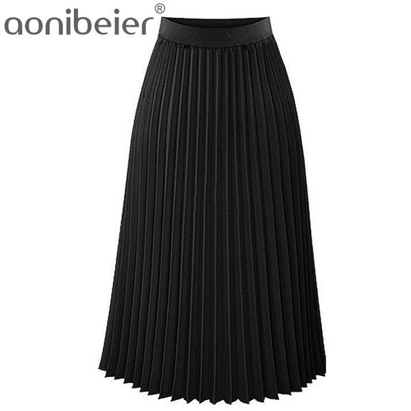 

aonibeier fashion women's high waist pleated solid color length elastic skirt promotions lady black pink party casual skirts