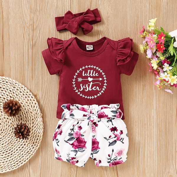 

summer baby girl малыша девушки шорты комплект вскользь с коротким рукавом письмо версия для печати ползунки + цветок шорты + повязка костюм, White