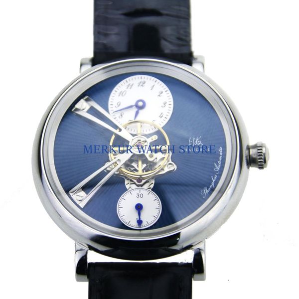 

mens wrist watch shanghai flying centered wheel sapphire glass automatic dress luxury casual blue dial, Slivery;brown