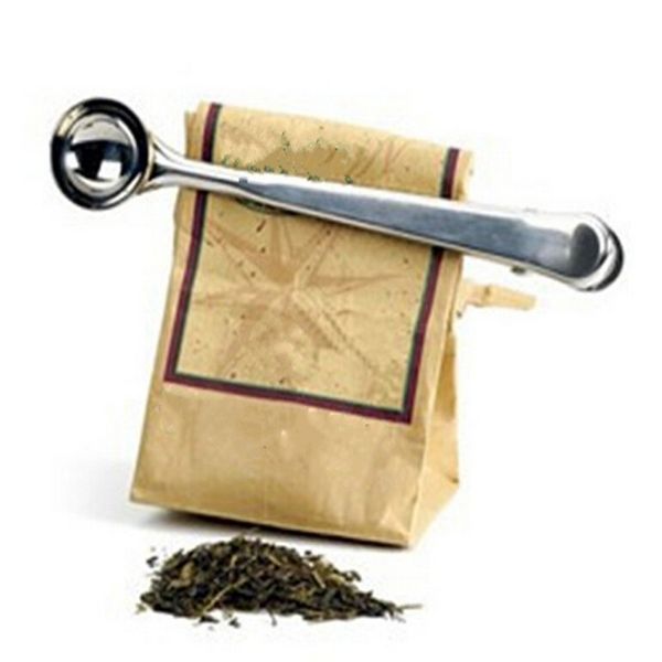 

1pcs 2 in1 silver stainless steel ground coffee tea measuring scoop spoon with bag seal clip ground tea coffee scoop