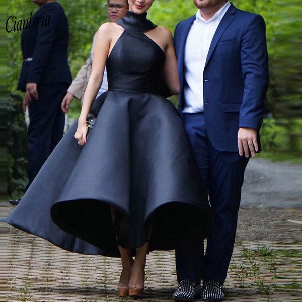 

black halter ankle-length ball gown evening dress sleeveless bow back simple evening formal party dresses vestido de fiesta, White;black