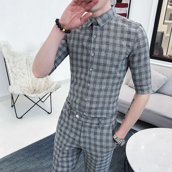

2020 korean plaid slim fit men suits half sleeve wedding suits for men 2 pcs setbusiness casual mens terno ropa de hombre, White;black
