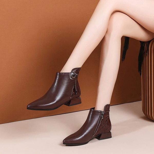 

mljuese 2020 women ankle boots soft cow leather zippers winter brown color square heel pointed toe women boots party dress, Black