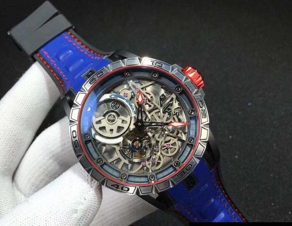 2019 beste Version Hochwertige RD-Uhr 45 mm Hohlzifferblatt mit Lederarmband Asiatische mechanische Automatik-Herrenuhr