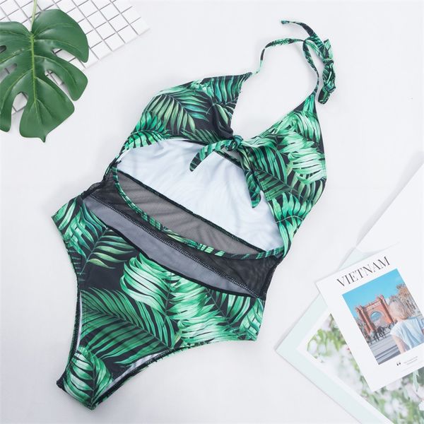 

ineffable leaves fresh print-out one-piece swimsuit lace swimwear, White;black